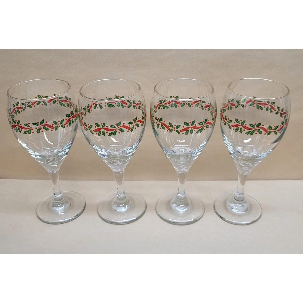Libbey Christmas Wine Glasses Set of 4 Holly Ribbon Gold Rim Holiday Stemware